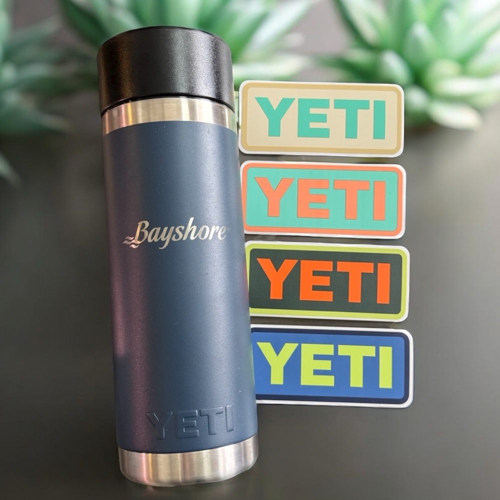 Yeti Rambler & decals tumbler bottle Navy with Hot Shot coffee lid with decals